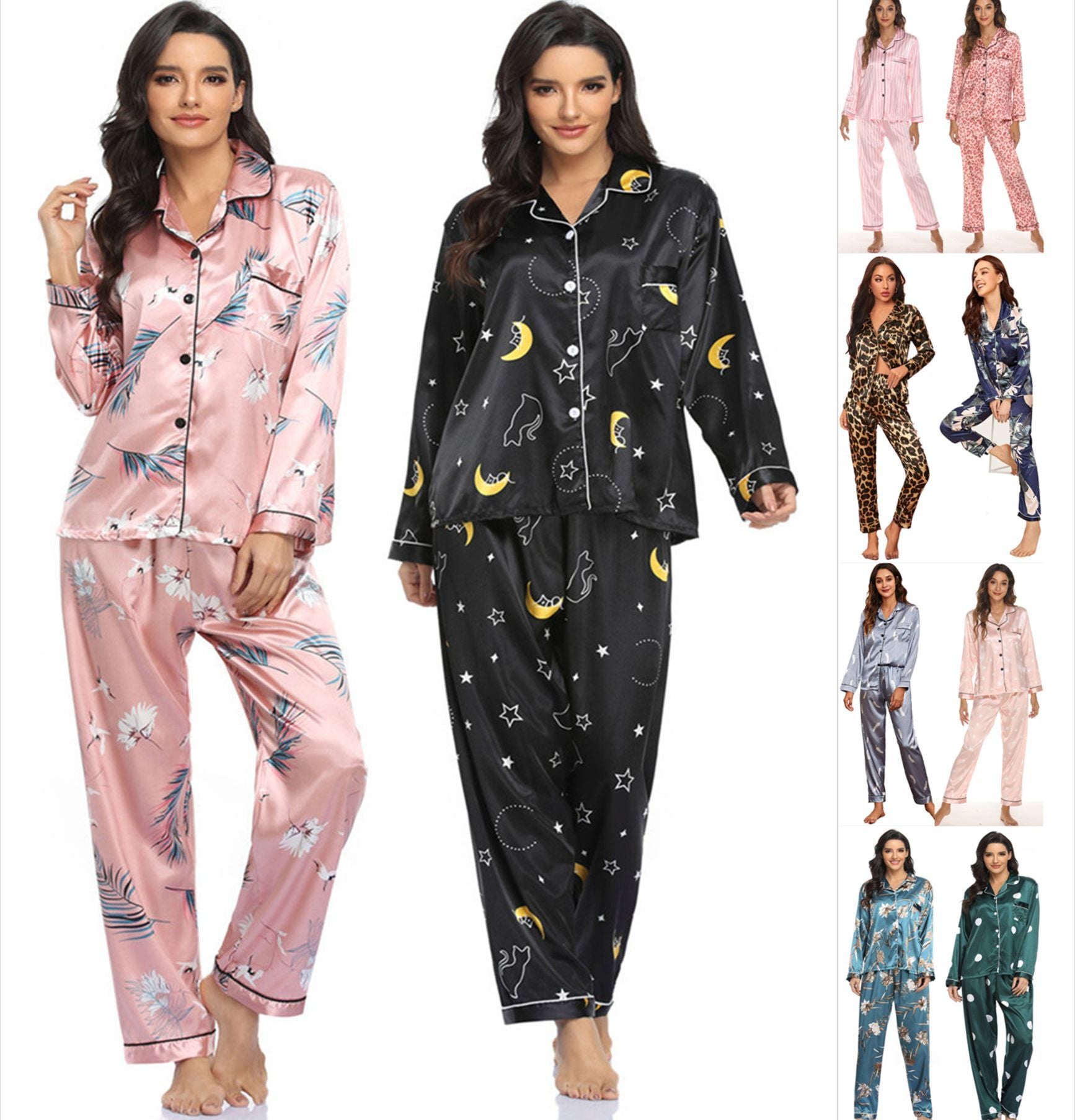 Women's Print Pajama Set Silk Look Polyester Long Sleeve