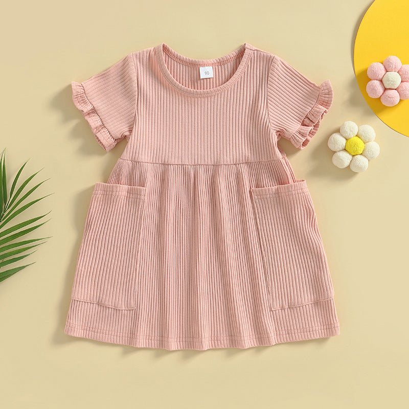 Girls' Sunken Stripe Cotton Short Sleeve Dress Round Neck Solid Color A- Line Skirt