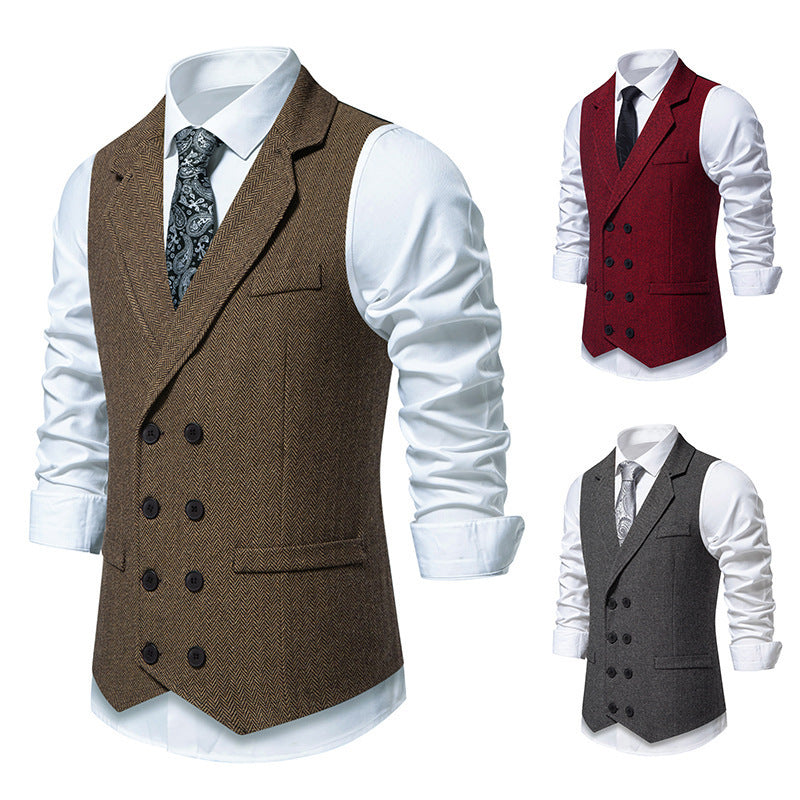 Men's Slim Fit Herringbone Tweed Suit Vest Double Breasted
