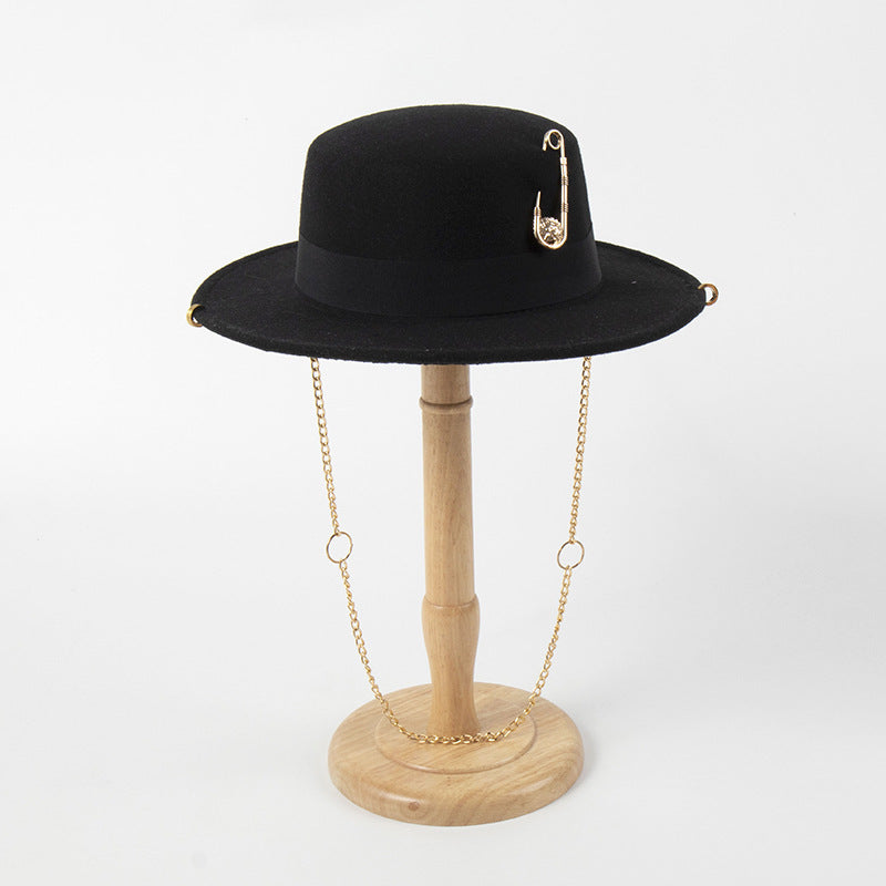 Handmade Woolen Flat Top Women’s Felt Cap with Pin Chain Decoration
