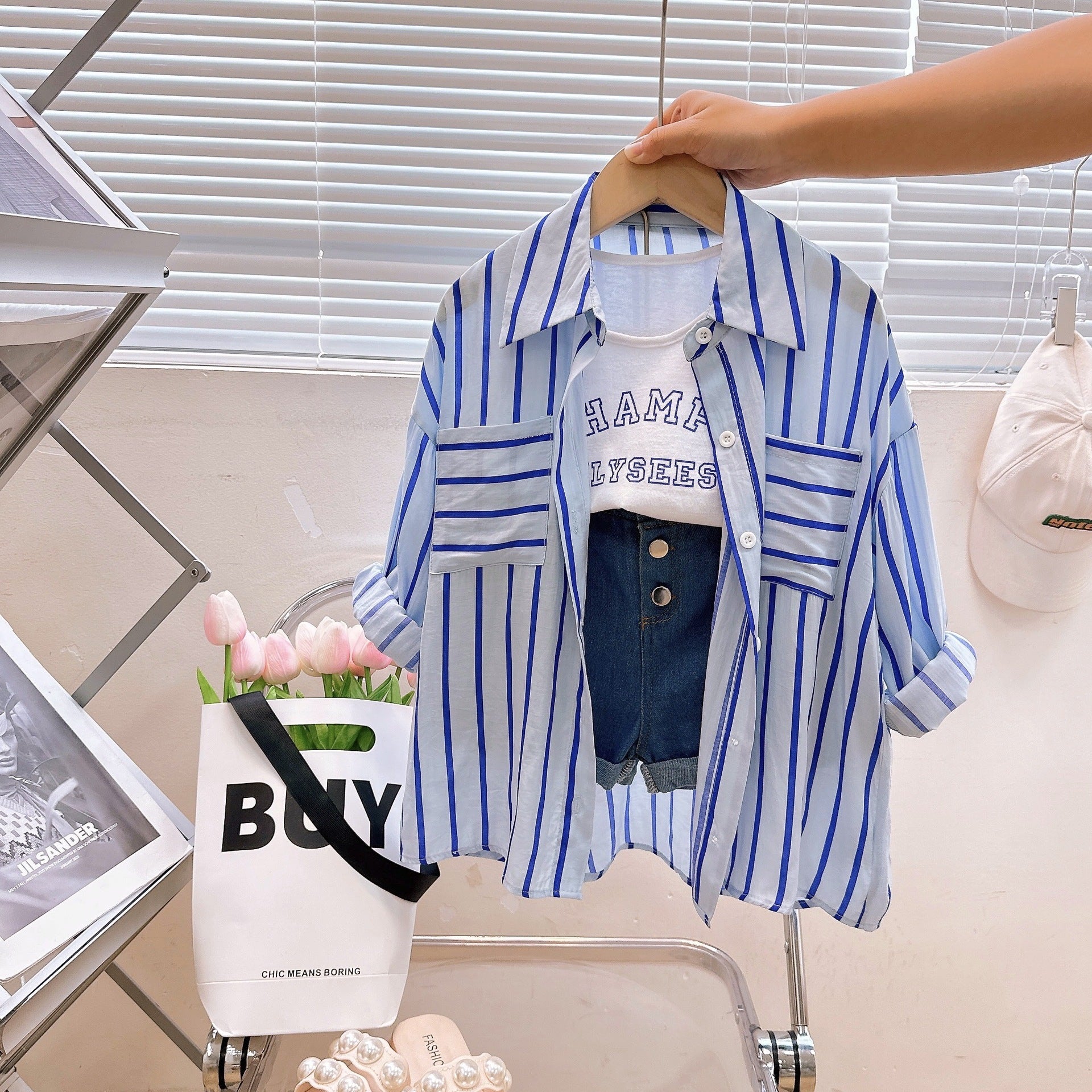 Young And Little Girls Striped Long Sleeve Shirt Three-piece Suit