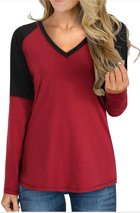 Colorblock Long-sleeved Slim T-shirt Bottoming Shirt For Women