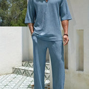 Set Pants Commuter Casual Fir Sheean V-neck Lesh Laueyn Gearr Set Daa-piece Briwnyn Corrugated