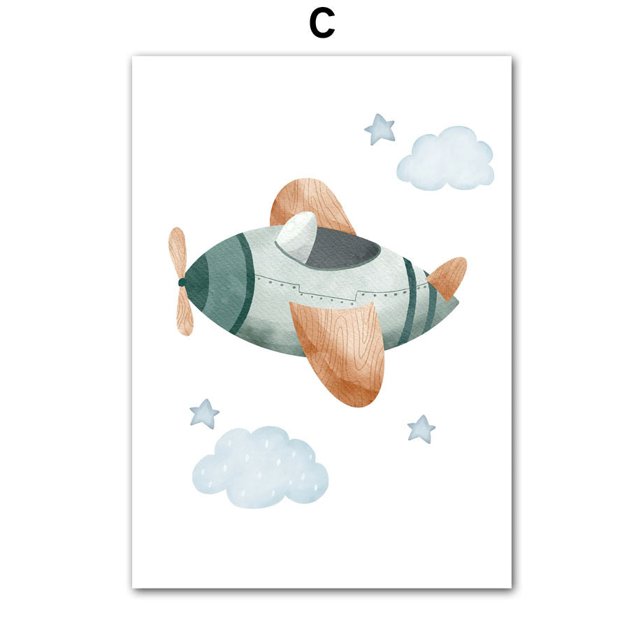 Children’s Room Wall Art – Cartoon Aircraft, Spaceship & Mountain Canvas Print