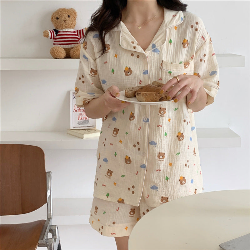 Pure Cotton Bear Head Loungewear Short Sleeve Cardigan Set