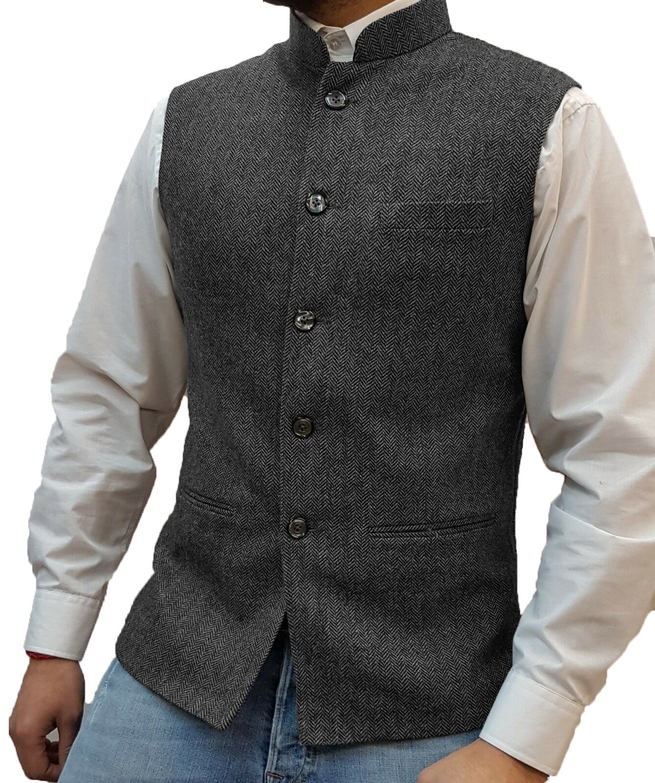 Men's Herringbone Polyester Zhongshan Collar Vest Pattern
