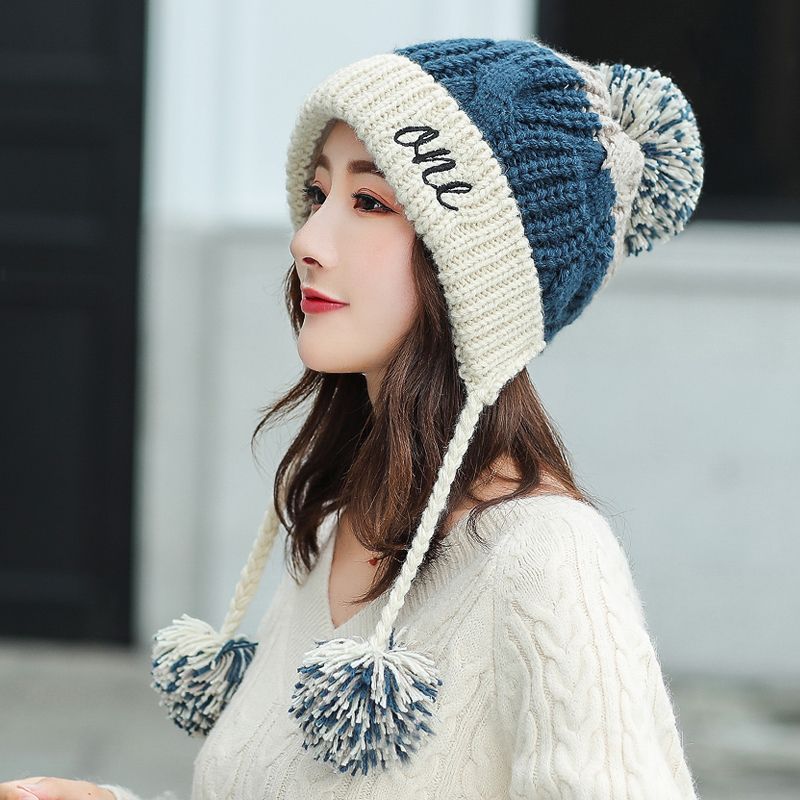 Winter Fleece-Lined Wool Hat for Women – Korean Style Colorblock Warm All-Matching Beanie