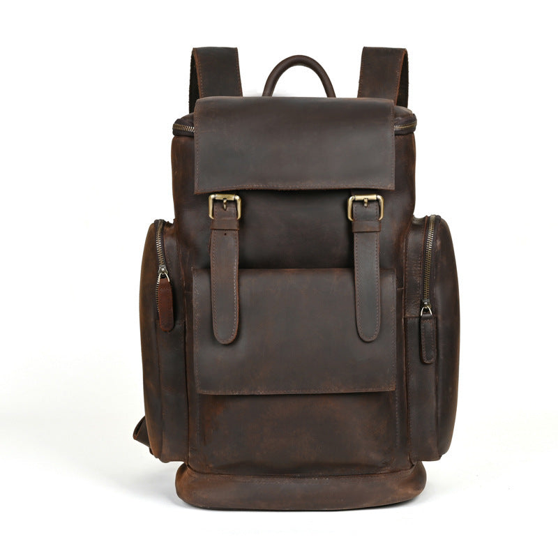 Mens Crazy Horse Leather Backpack Solid Color Cowhide Bag