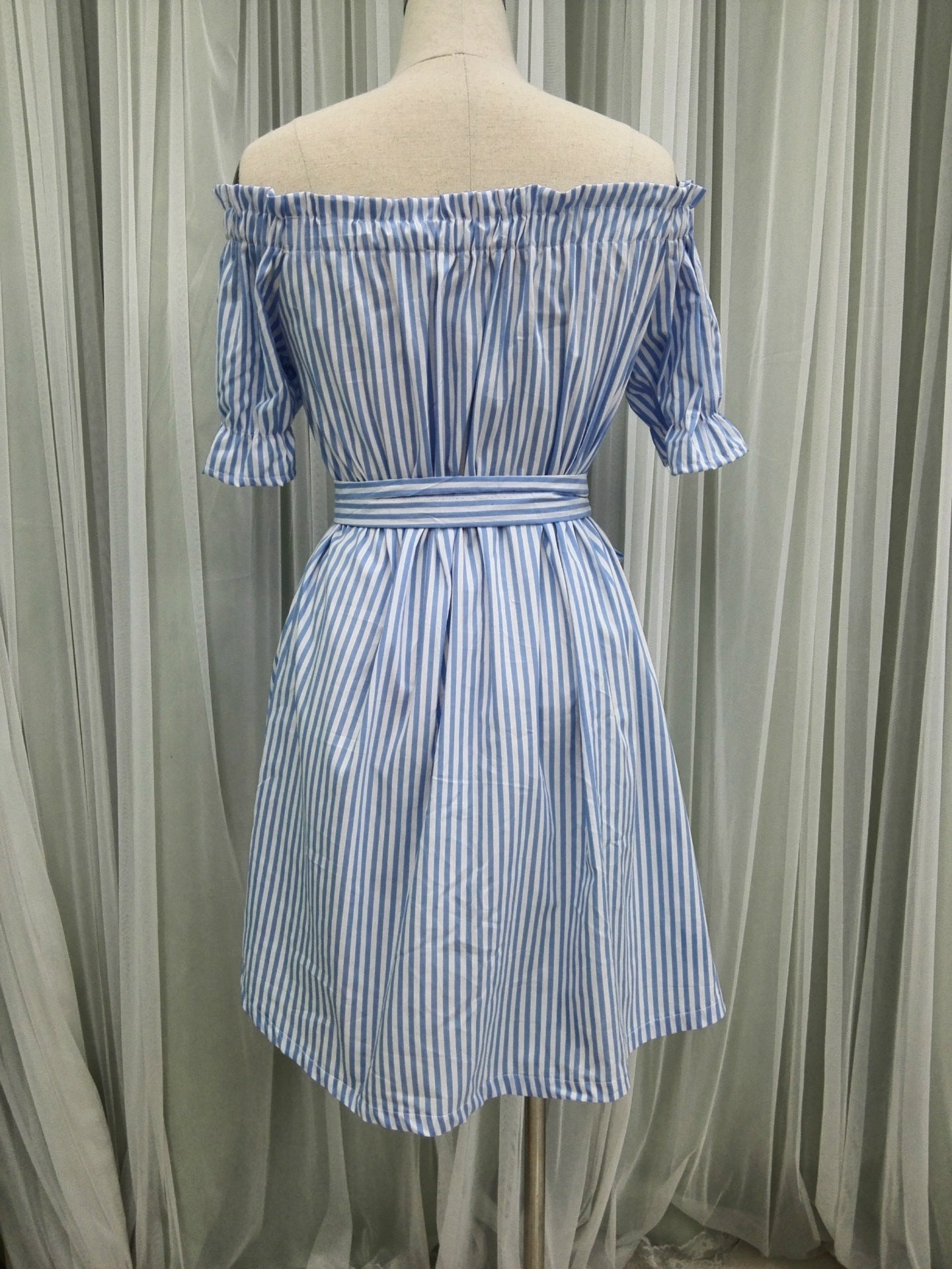 Women's Off Neck Striped Cotton Blend A Line Midi Dress