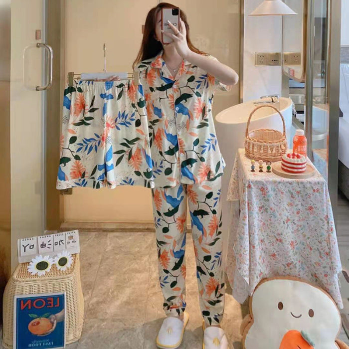 Women's Fruit Print Milk Silk Pajama Set Short Sleeve