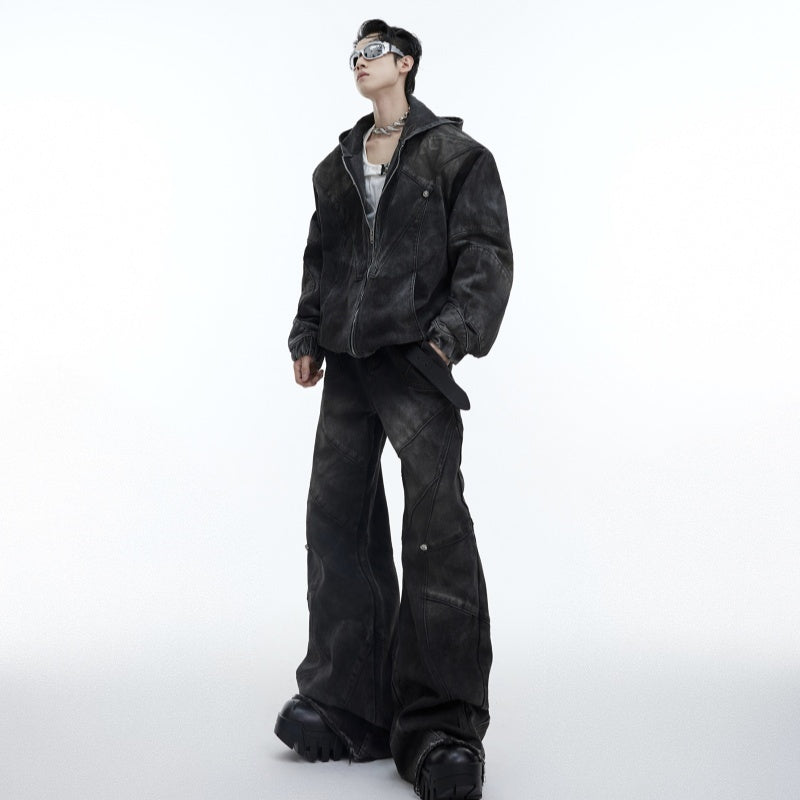 Distressed Padded Shoulder Hooded Denim Jacket Suit Metal Embellished Jeans