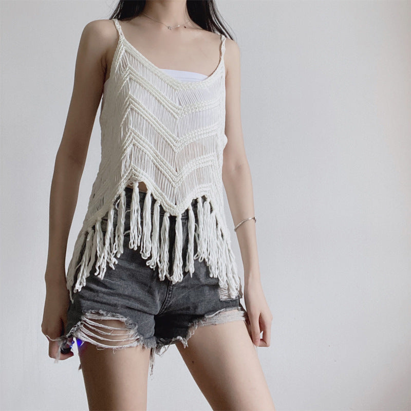 Hollow Tassel Wave Blouse Hand Crocheting Knitted Camisole For Women