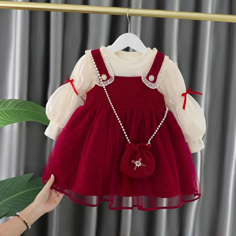 Girls' Bubble Sleeve Suspender Skirt Two-piece Suit Sending Blessing Bags