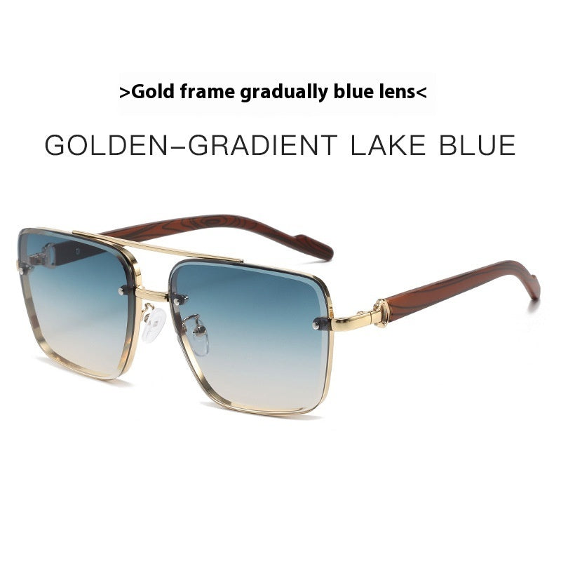 Metal Double Beam Frame Wood Grain Sunglasses