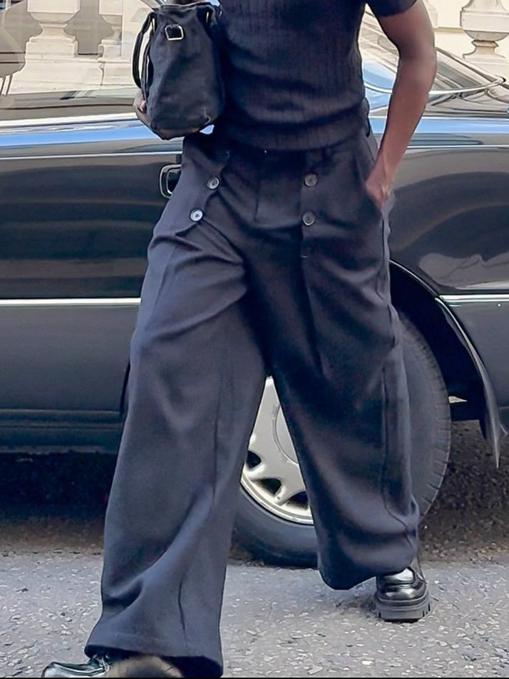 Black High-waisted Double-button Wide-Leg Pants