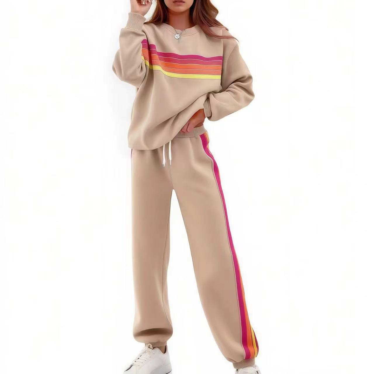 Unisex Round Neck Relaxed Striped Polyester Sweater Pants
