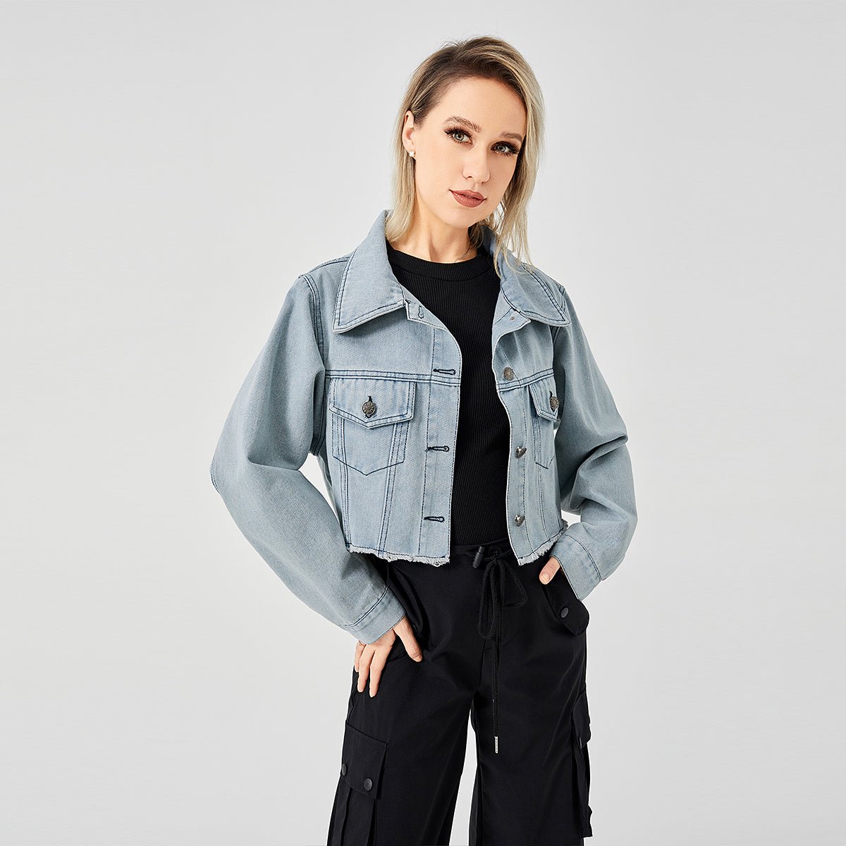 Unisex Raw Edge Relaxed Denim Jacket with Retro Style