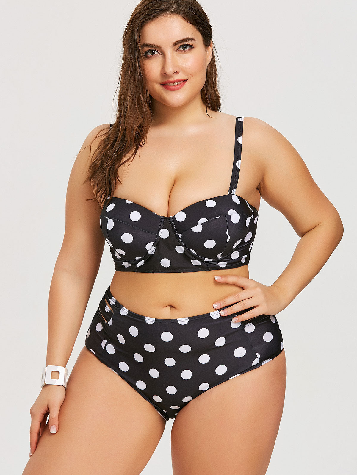 Womens Retro Black Polyester TwoPiece Swimsuit Set PlusSize