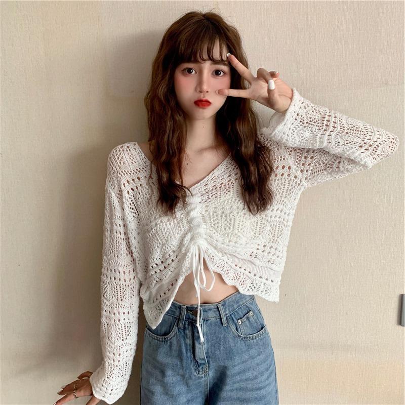 New Korean Style Loose V Neck Drawstring Crop Top