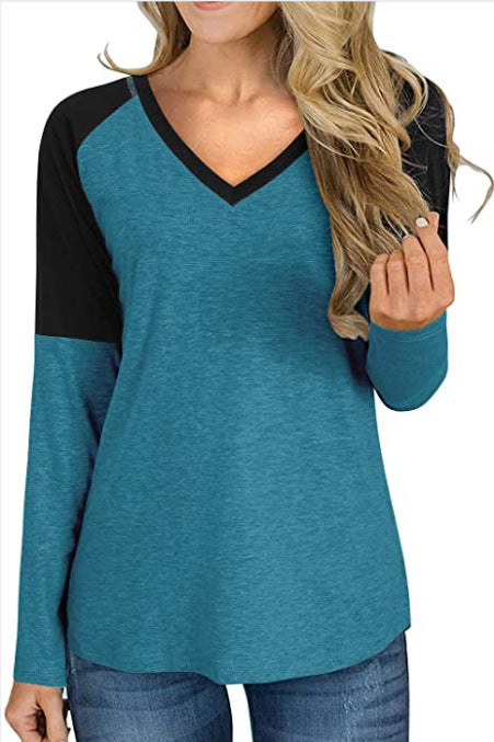 Colorblock Long-sleeved Slim T-shirt Bottoming Shirt For Women