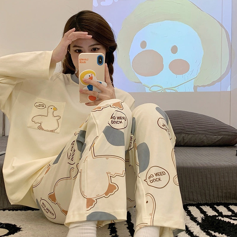 Cartoon Loose And Cute Long-sleeved Pajamas For Women Spring Autumn Set Casual Homewear Outerwear