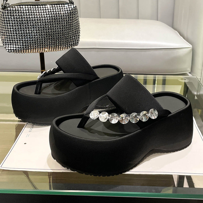 Women's Thick-soled Stylish Flip-flops Rhinestone Temperament Leisure Slippers