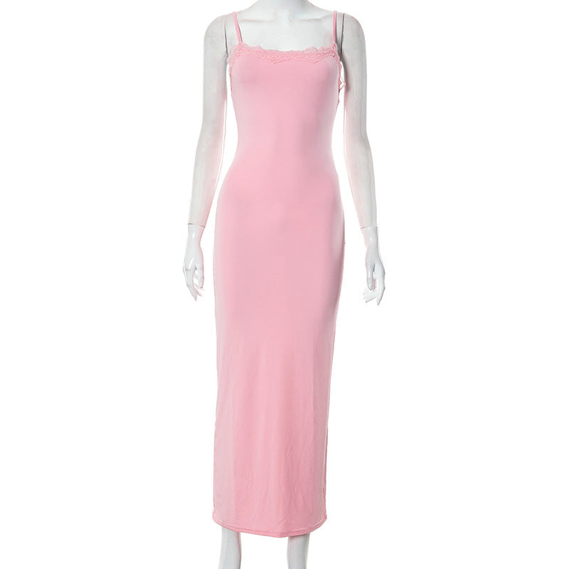 Women's Summer New Solid Color Casual Lace Backless Strap Slim Long Dress