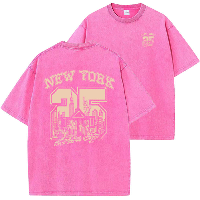 Unisex Relaxed Washed Vintage Print Short Sleeve Cotton Tee
