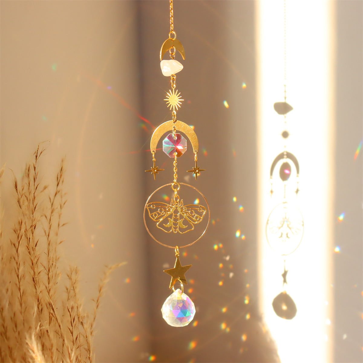 Brass Butterfly Moth Crystal Sun Catcher Pink Crystal Rough Stone Window Room Decoration Hanging Ornament