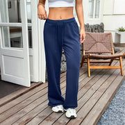 Women’s Dark Blue Mid-Waist Loose Pants – Casual Wide-Leg Trousers