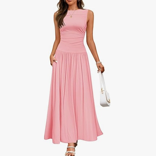 Women's Sleeveless Maxi Dress Pleated Round Neck Viscose