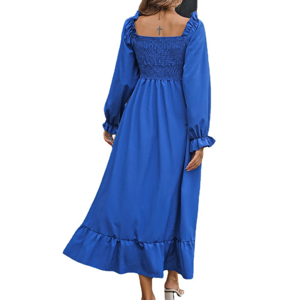 Flared Sleeve Casual Ruffled Square Collar Elastic Waist Large Swing Spring Dress