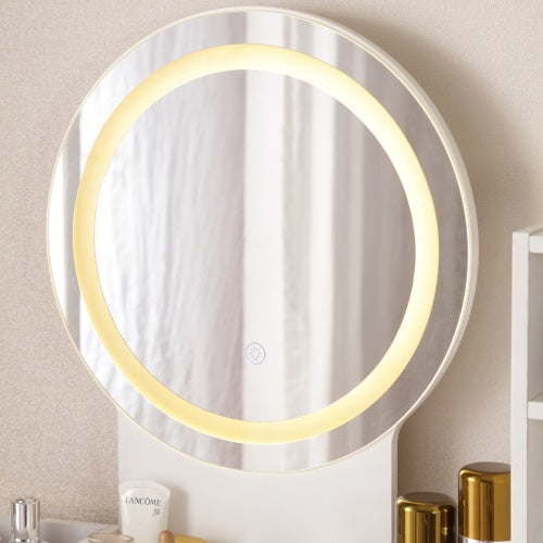 Vanity Desk With Lighted Mirror & Power Outlet, Makeup Vanity Desk With Drawers And Cabinet, Sturdy Iron Bracket, Make Up Vanity Table For Bedroom, White