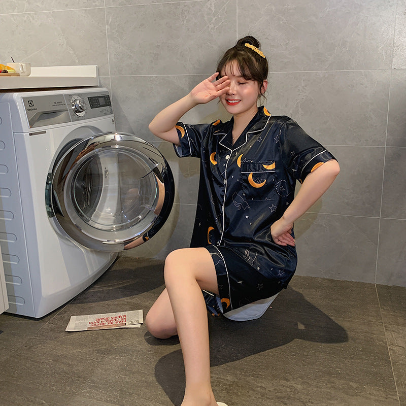 Short-sleeved Shorts Two-piece Printed Ice Silk Loungewear