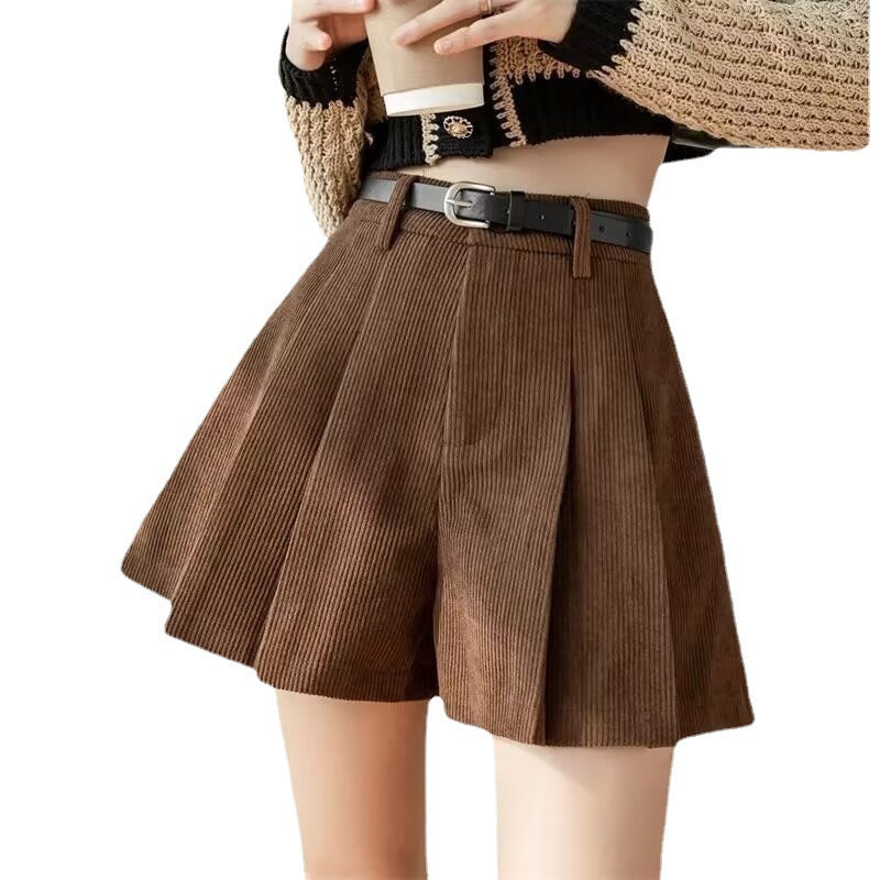 Women’s Corduroy Pleated Shorts – Slim Casual Wide-Leg, High-Waist