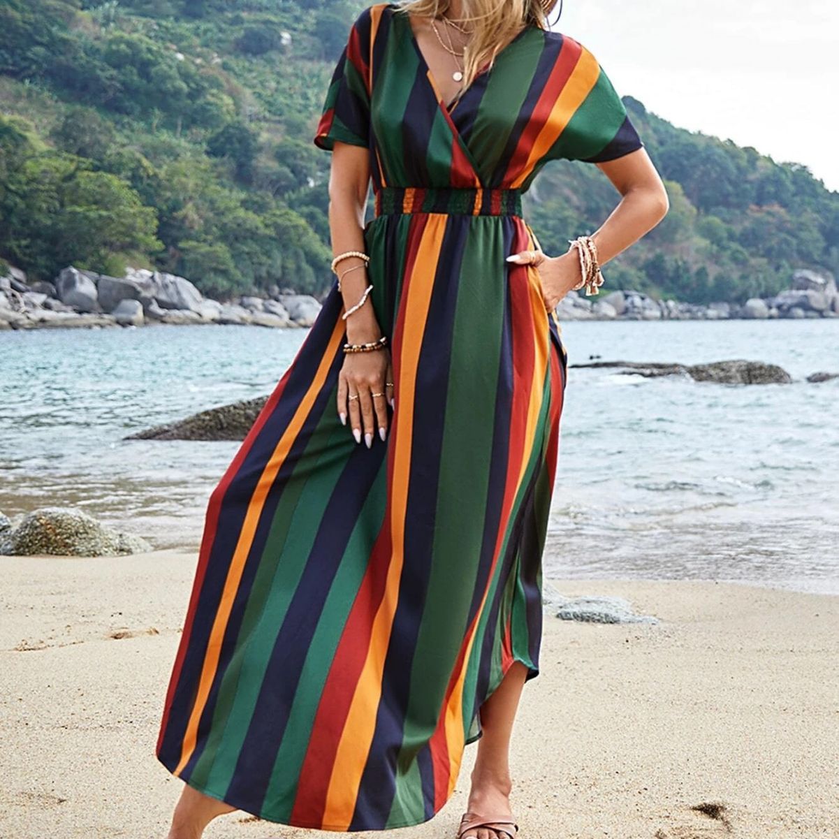 V-collar Contrast Color Striped Short Sleeve Holiday Waist Trimming Printing Maxi Dress