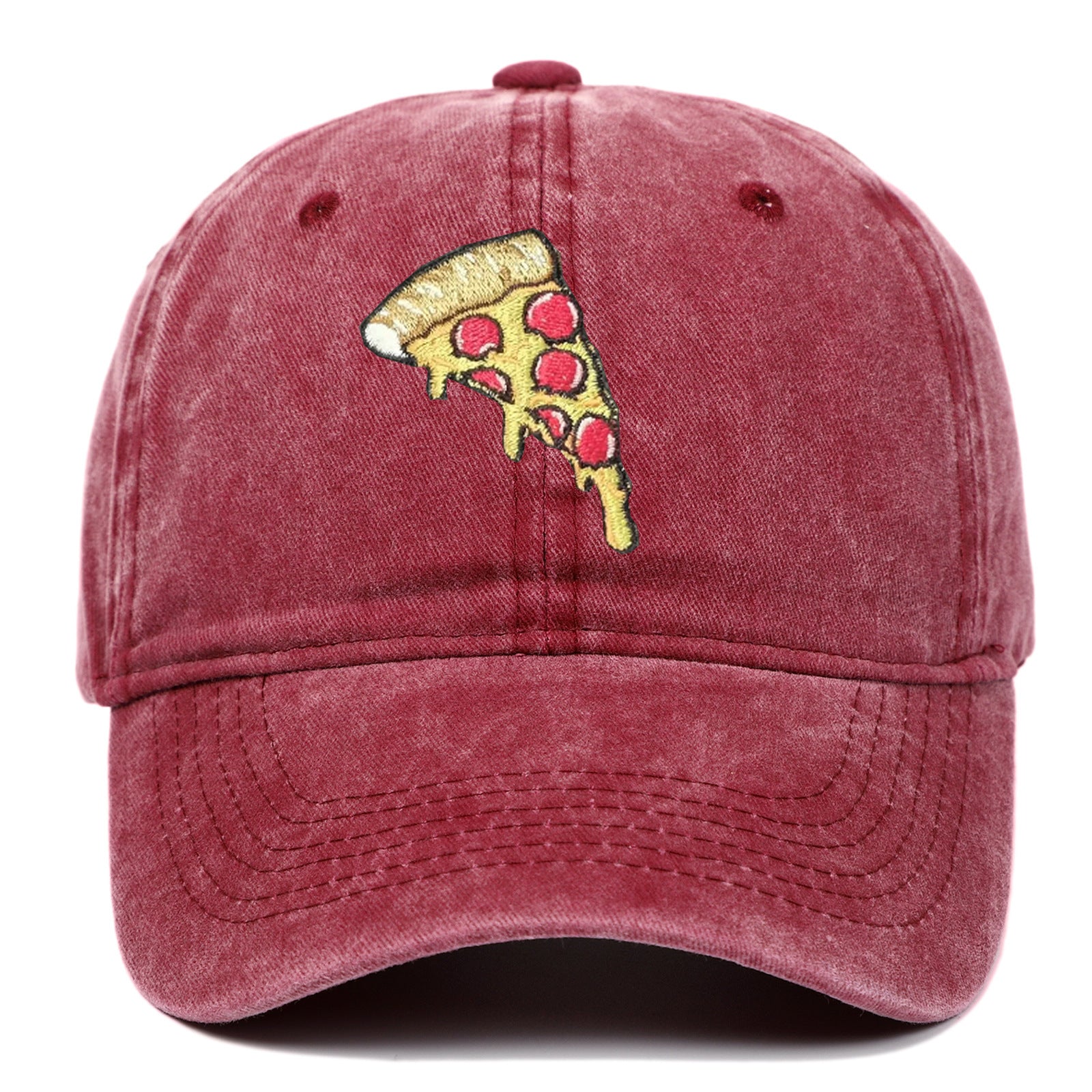 Pizza Embroidery Soft Top Baseball Cap Retro Worn Looking Washed-out