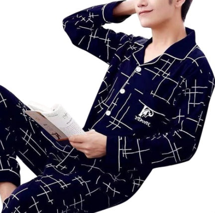 Cotton Pajamas Men's Long Sleeve Plaid Casual Oversize Home Clothes Suit