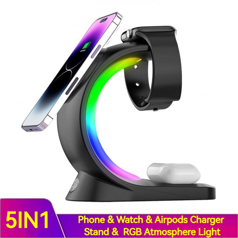 4-in-1 Magnetic Wireless Charging Station, 15W Fast Charge for iPhone, Apple Watch & AirPods Pro with Ambient Light