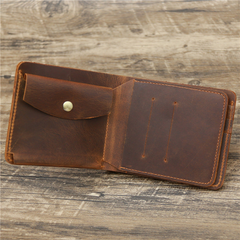 Mens Retro Crazy Horse Leather Tri Fold Wallet Cowhide
