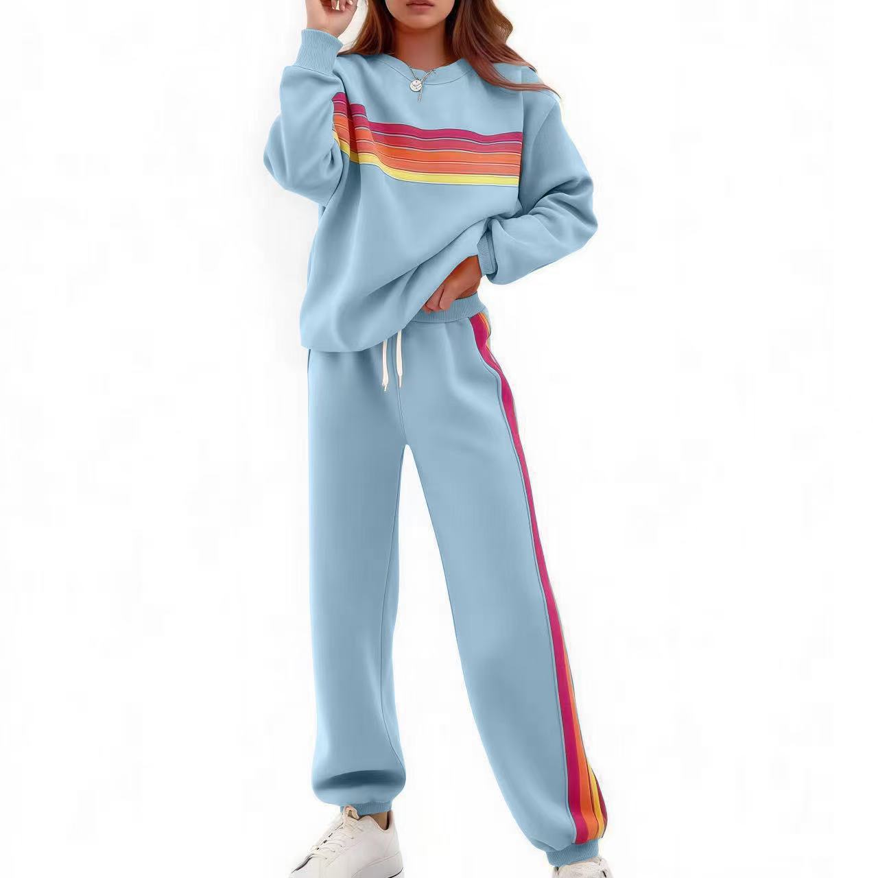 Unisex Round Neck Relaxed Striped Polyester Sweater Pants