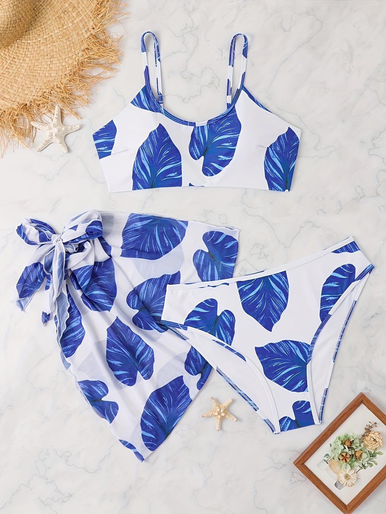 Plus Size Retro Print Swimsuit Set – Milky White Polyester Swimwear 1XL-5XL
