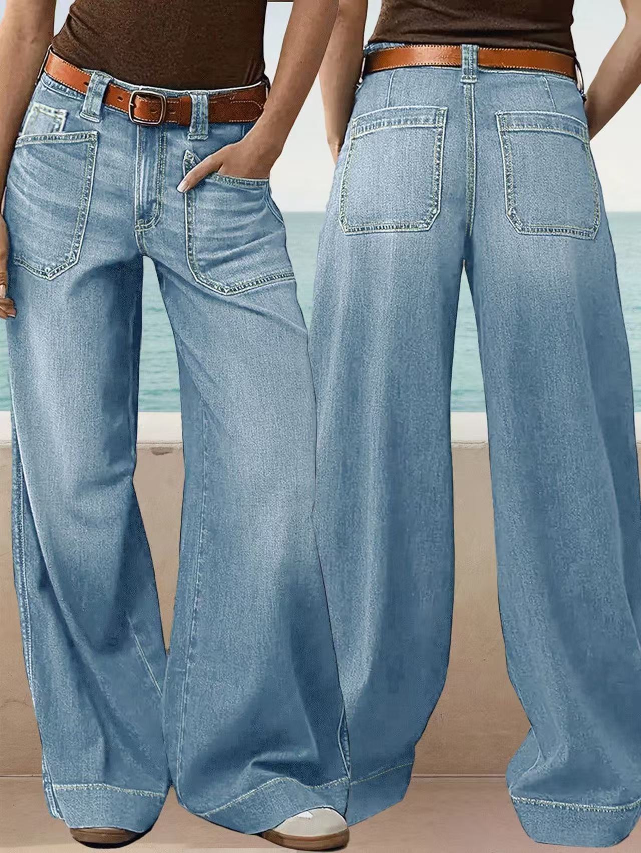 Unisex Wide-Leg Flared Denim Jeans – Mid-Waist Streetwear Hip Hop Style