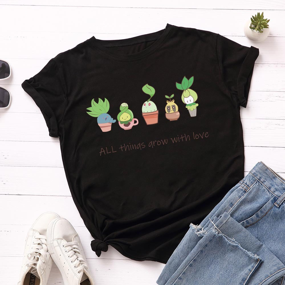 Loose Round Neck Short Sleeved Cotton T-shirt Women