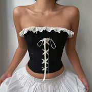 Contrast Color Wooden Ear Cross Strap Waist Tube Top Women