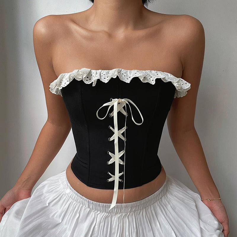 Contrast Color Wooden Ear Cross Strap Waist Tube Top Women