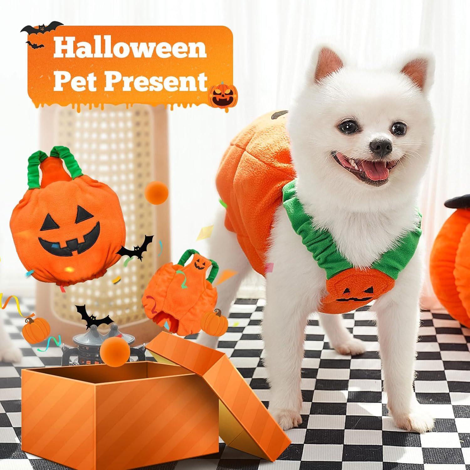 Funny Pumpkin Pet Costume – Plush Halloween Outfit for Small and Medium Dogs and Cats