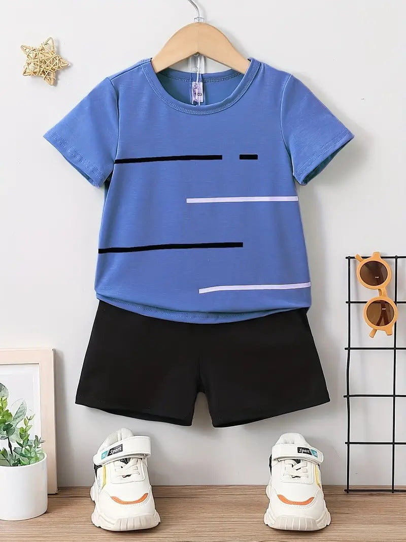 New Short-sleeved T-shirt Shorts Loose Color Matching Lines Two-piece Suit