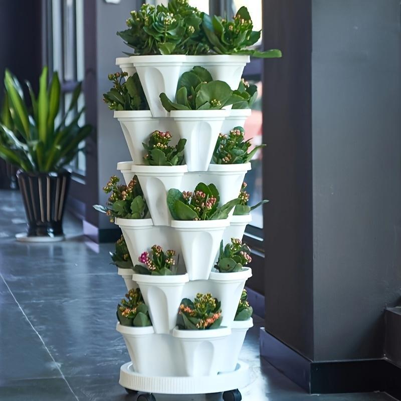 16 Pieces 5-Layer Stackable Flower Pots Vertical Garden Flowers Herbs Strawberry Vegetables Durable Plastic With Mobile Wheels Indoor And Outdoor Flower Pots