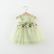 Girl's Mesh Strap Dress Waist Flower Princess Beautiful Dress